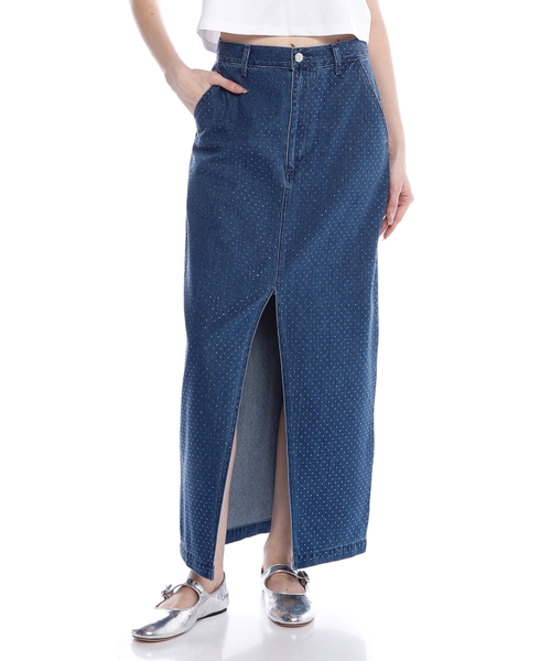Kristallarla bəzədilmiş denim midi ətək