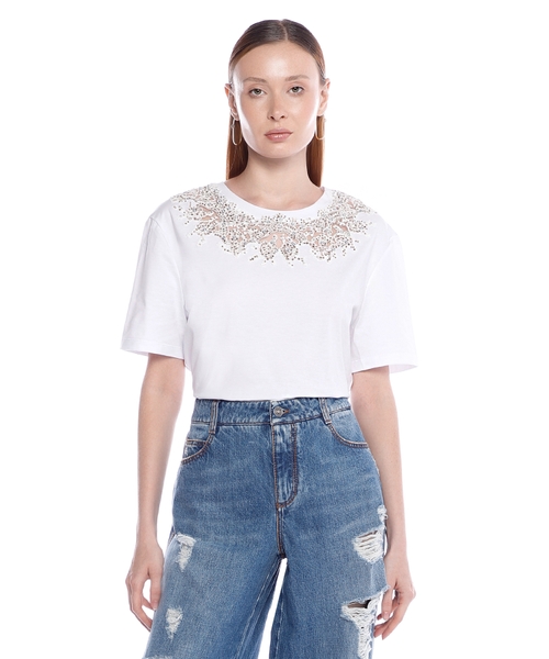 Tシャツ・カットソー ERMANNO SCERVINO Rhinestone shirt (D472K321CTUIW S4706) T-shirt with lace and crystals | Emporium