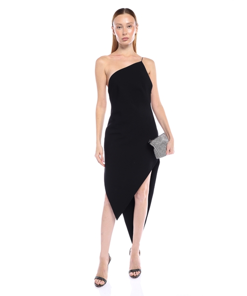 Asymmetric slit maxi dress in wool twill