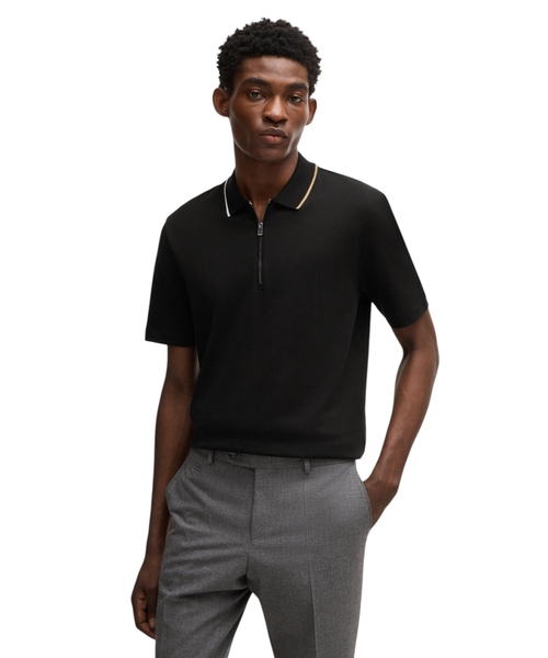 Zip-neck polo shirt in interlock cotton