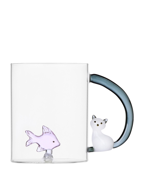 Mug Pink Fish & White cat with smoke tail