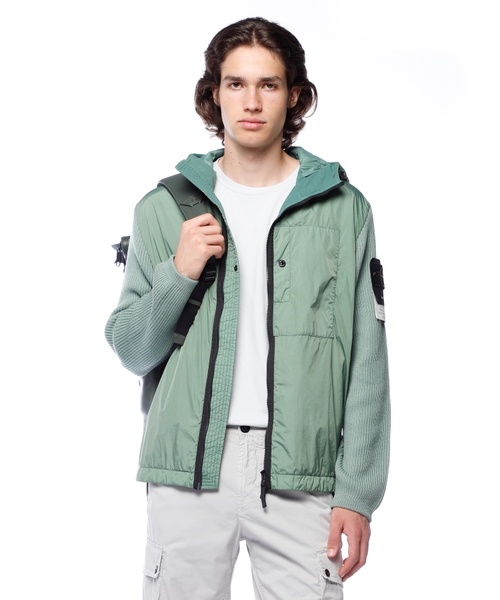 Hooded jacket in nylon and knit