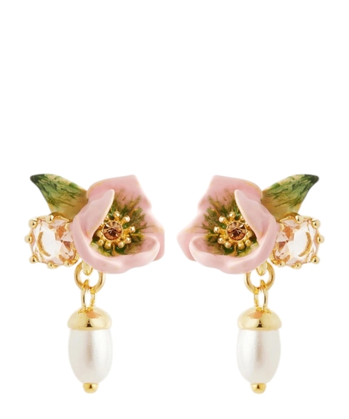 Hellebore Christmas rose and pearl bead earrings sırğası
