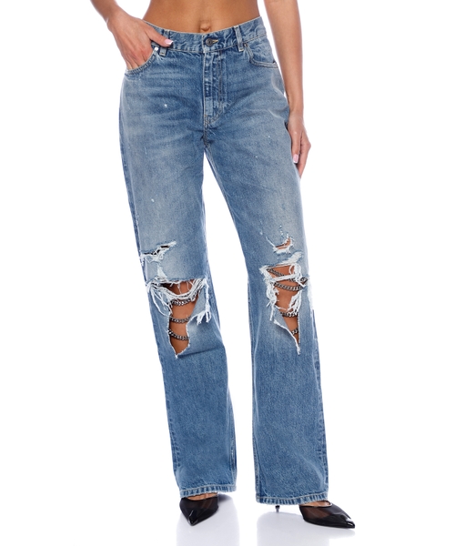 Zəncirlər və kəsim detallarla denim şalvar