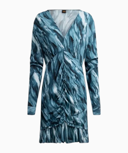 Gathered-front dress with marble-effect print