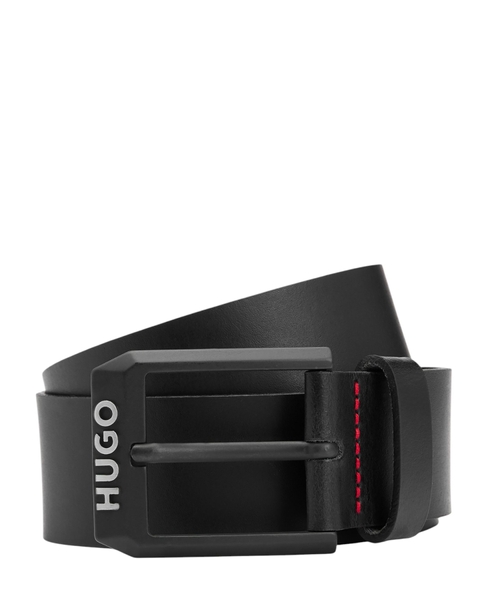 Leather belt with matte-black logo-trim buckle