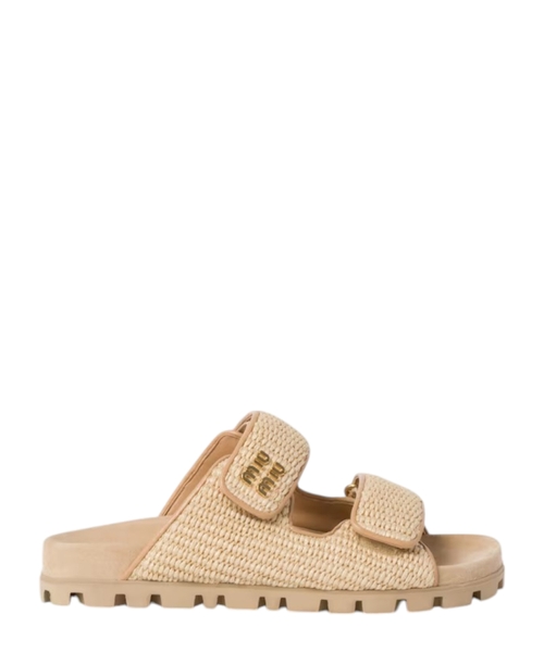 サンダル・ミュール MiuMiu | Raffia-effect woven fabric slides Miu miu Raffia-effect woven fabric slides – DXB Shop