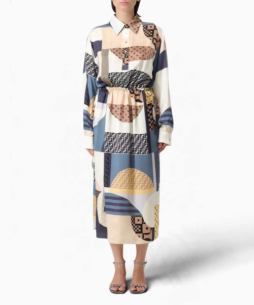 Silk dress with blue patchwork print
