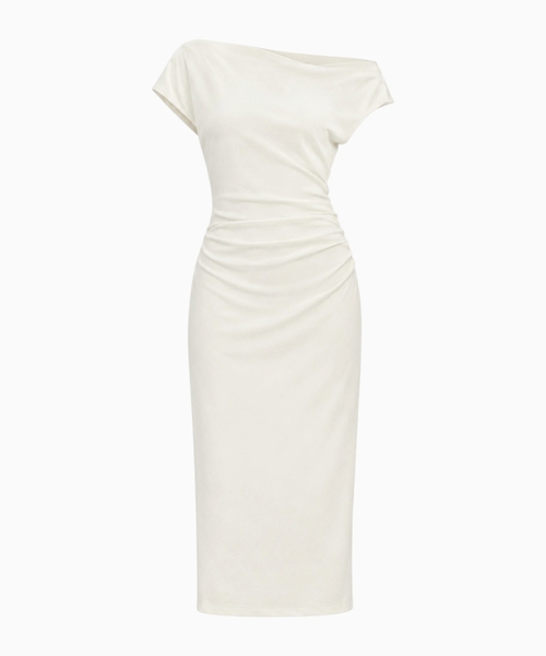 Stretch-jersey dress with off-the-shoulder neckline