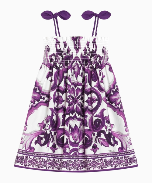 Majolica-print sleeveless poplin dress