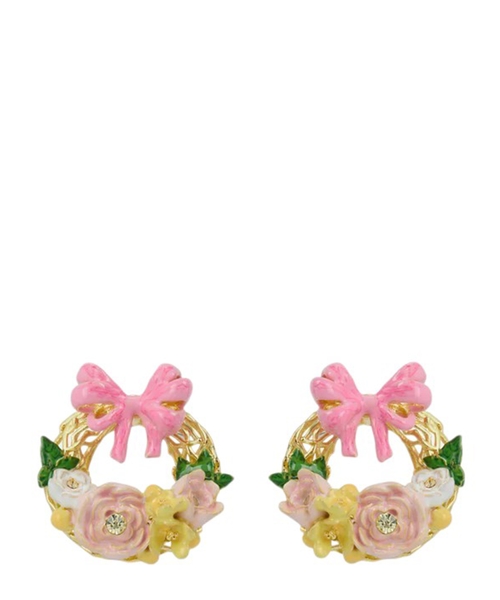 Çiçək tacı və çəhrayı lent detallı sırğa