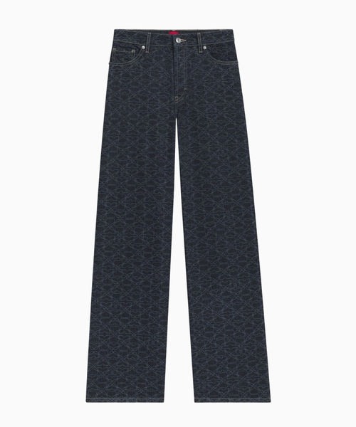 Lazer monoqram printli enli biçimli denim şalvar