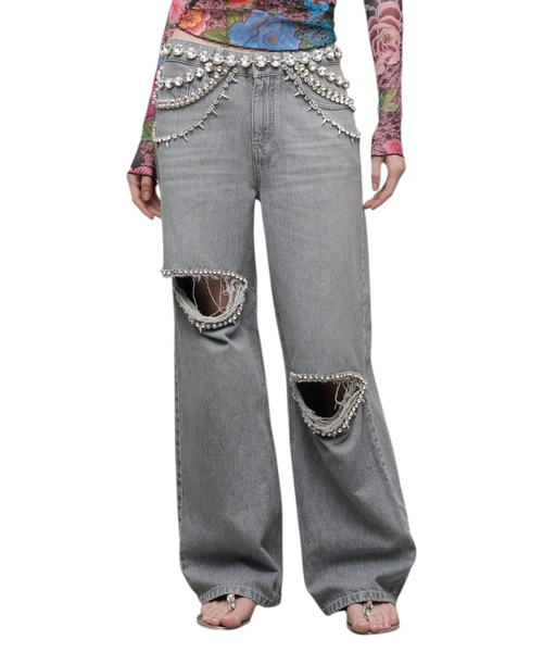 Crystal-embellished wide-leg jeans