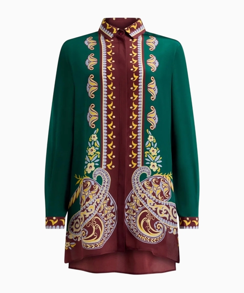 Long silk shirt with placed print