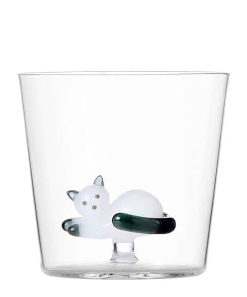 Tumbler lying white cat with smoke tail