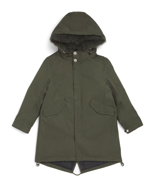 Coat with hood and faux fur trim