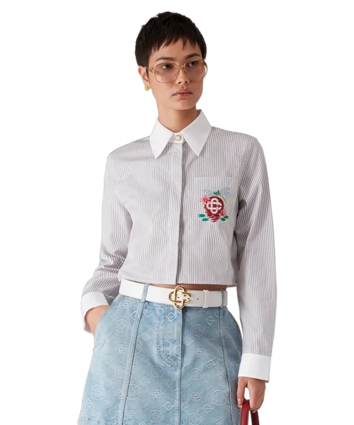 Cotton pinstripe embroidered cropped shirt