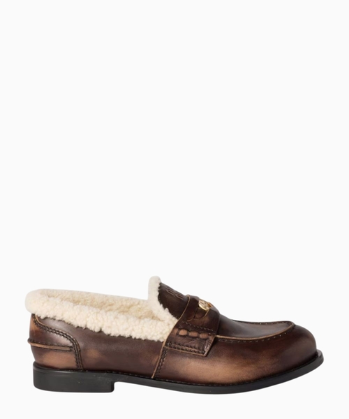 Bleached leather and shearling penny loafers