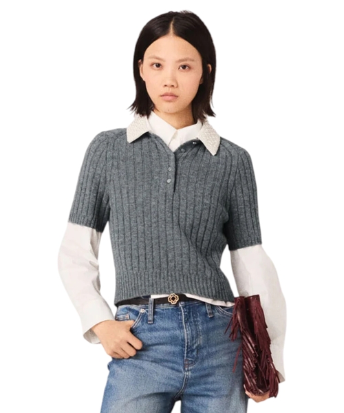 Джемпер со съемным воротником, украшенным бусинами