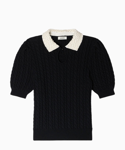 Pearl collar cable knit top